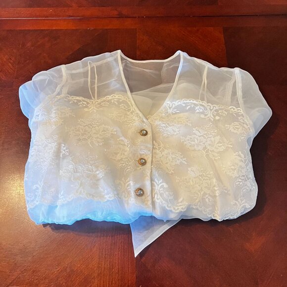 Sheer White Lace Button-Front Top Belted Waist & Long Sleeves Alex Evenings - Picture 15 of 15